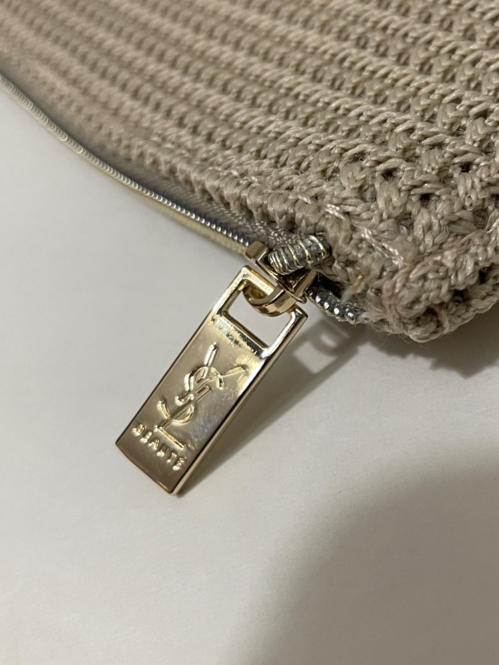Yves Saint Laurent Beige Knit Pouch with Gold Plaque - Picture 3 of 9